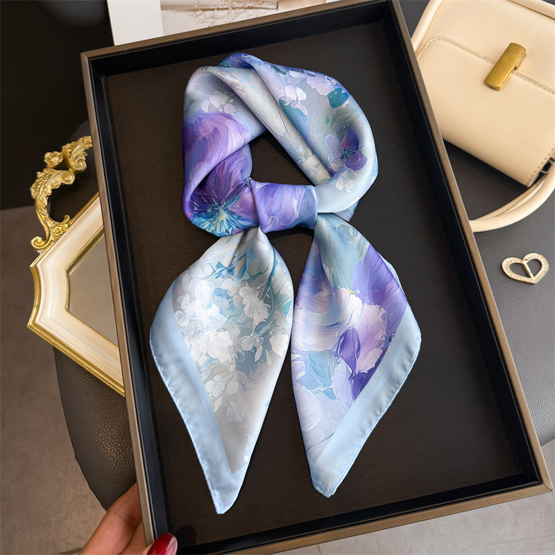 Silk Scarf Square - 2026年新作 花柄プリント シルク スクエアスカーフ レディース ヘッドスカーフ