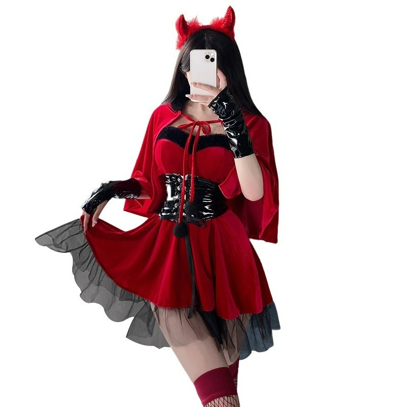 Women'S Red Accessories - レッドデビル女性コスプレコスチューム6点セット ベルベットドレス ハロウィンクラブ衣装 デビルテール ヘッドバンド パーティー