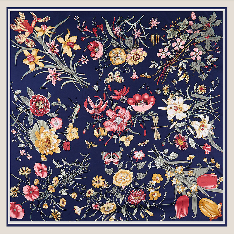 Silk Scarf Square - Pobing ツイルシルクスカーフ女性の花プリント正方形のスカーフ大バンダナ高級ハンカチヒジャーブスカーフ女性スカーフ 130 センチメートル