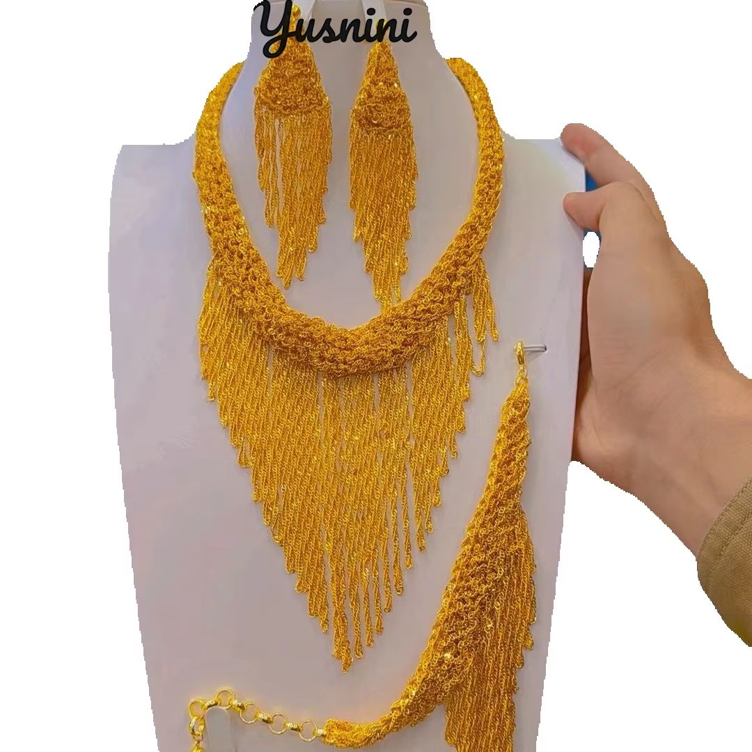 Women Accessories Dubai - 新しいドバイ 24 K ゴールドメッキブライダルウェディングジュエリーネックレスイヤリングブレスレット女性のドレスアクセサリー Popodion ジュエリー