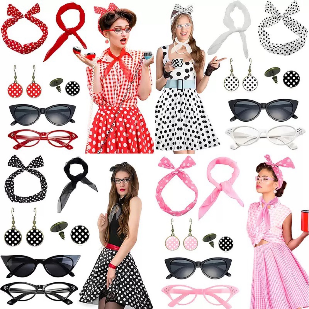 Women'S Accessories In The 1950S - 1950年代レトロヒッピーパーティー レディースコスチューム コスプレアクセサリー メガネ スカーフ 50年代ポルカドットヘアバンド